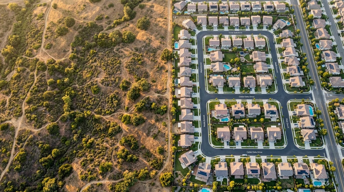 Aerial view of raw land being subdivided and developed
